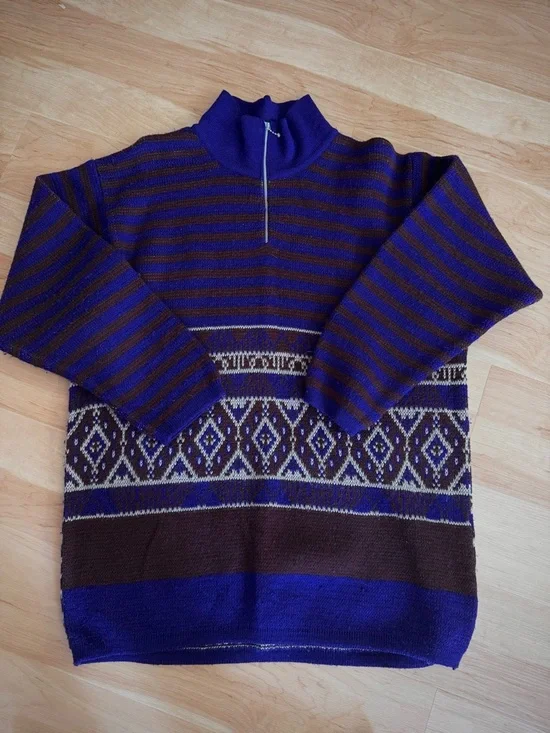 Vintage 80s Men's Fair Isle Knit 1/4 Zip Sweater Benetton XL - Picture 2 of 6